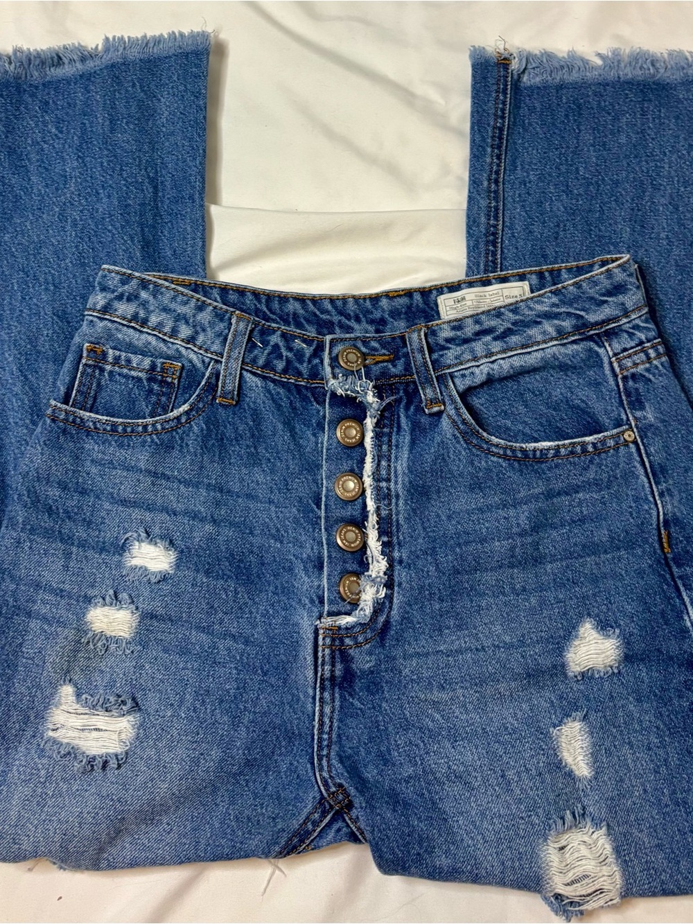 I &M Women’s High-Rise Distressed Button-Fly Jeans in Blue